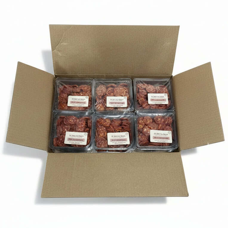 Six packages of spicy pepperoni in a cardboard box