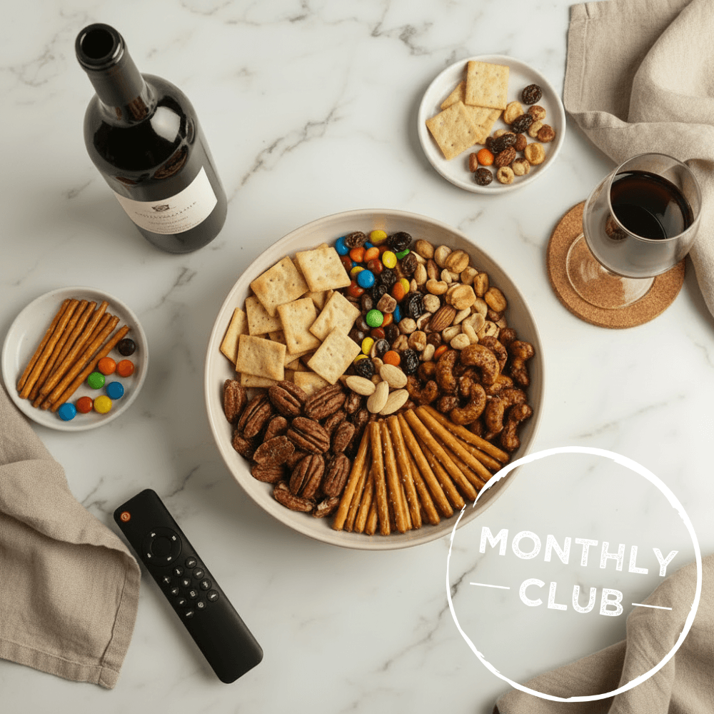 A beautiful assortment of artisan snacks from the Monthly Snack Attack Club arranged on a marble table.
