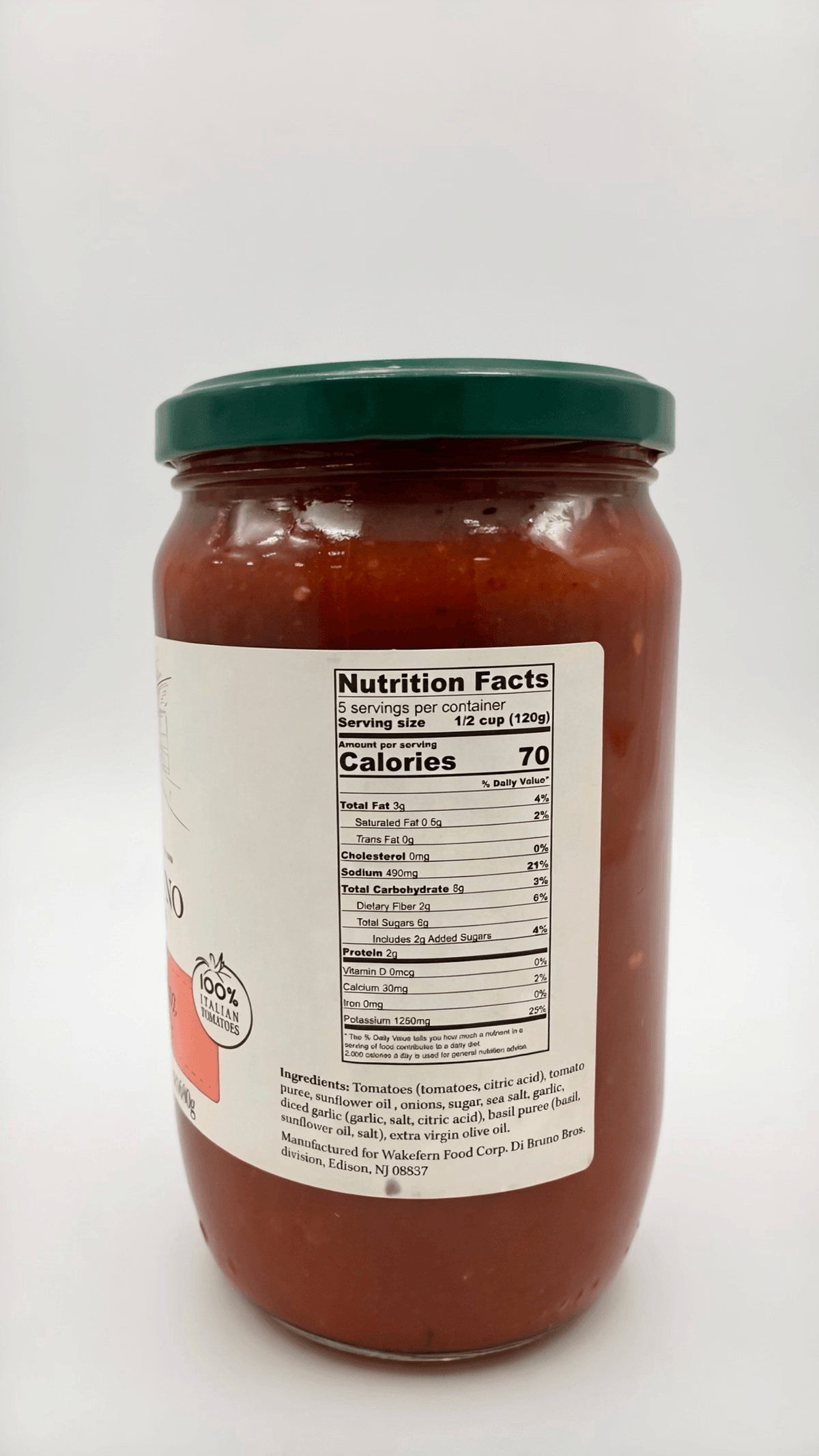 Authentic Italian marinara sauce in jar with nutrition facts.