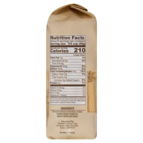 Back of Rigatoni 16 oz package showing Nutrition Facts and ingredients