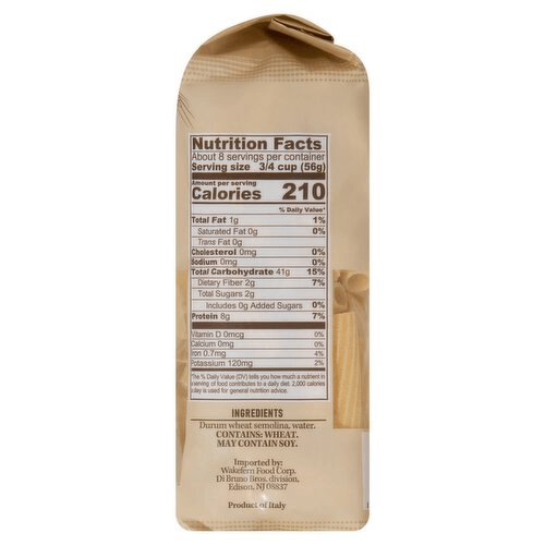 Back of Rigatoni 16 oz package showing Nutrition Facts and ingredients