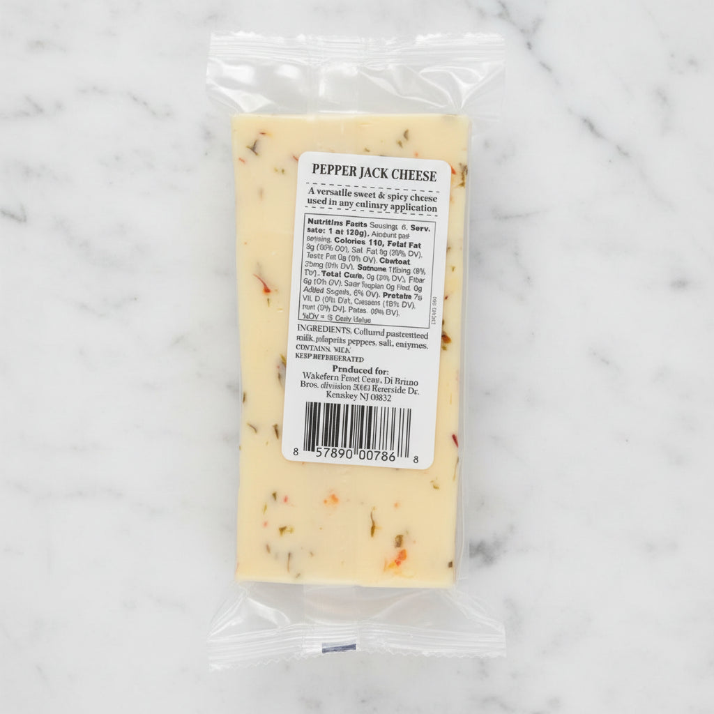Package of pepper jack cheese with a label on a white background