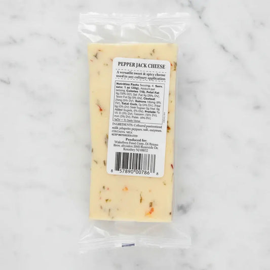 Package of pepper jack cheese with a label on a white background
