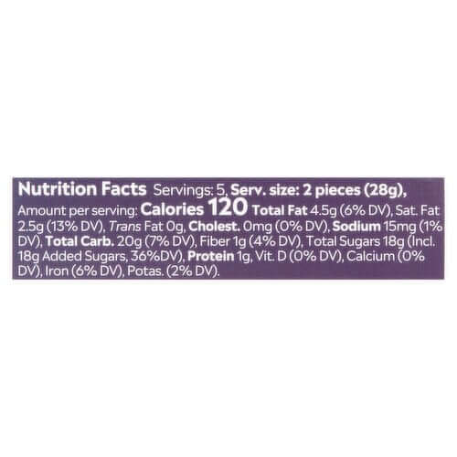 A close-up of a purple Nutrition Facts label showing serving size, calories, and macronutrient details on a white background.