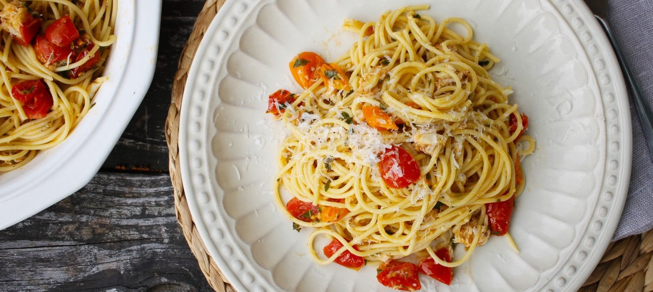 Crab Cake Mondays Recipe: Roasted Tomato and Crab Spaghetti