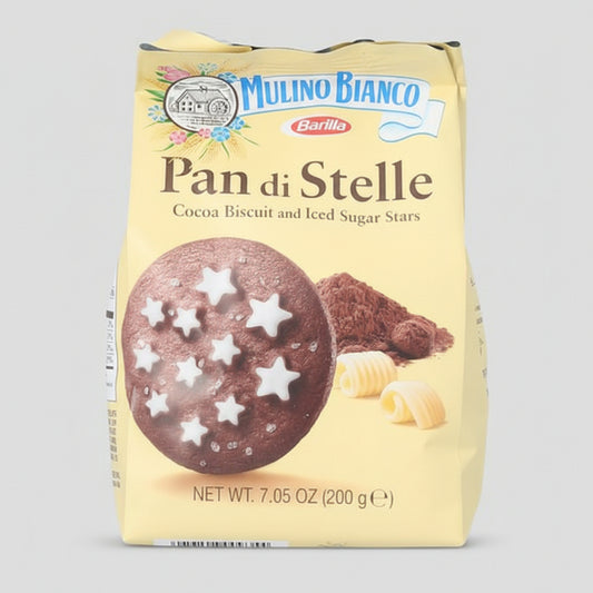 Mulino Bianco Pan di Stelle cocoa biscuit packaging with a yellow background