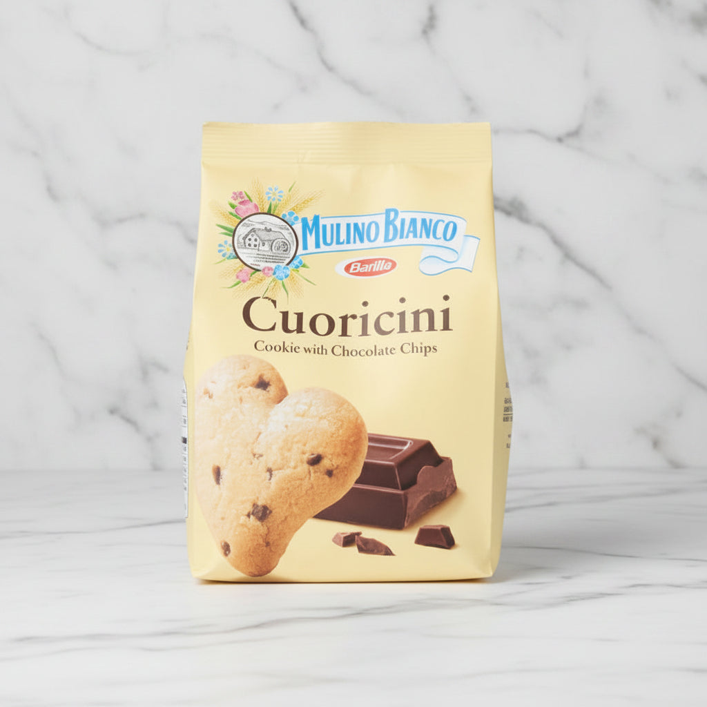 Packaging of Mulino Bianco Cuoricini cookie with chocolate chips on a white background