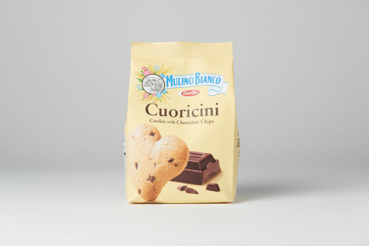 Packaging of Mulino Bianco Cuoricini cookie with chocolate chips on a white background