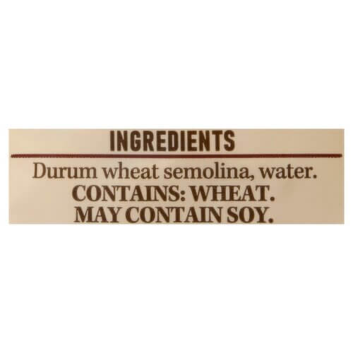 Ziti ingredients: durum wheat semolina, water. Contains wheat; may contain soy.