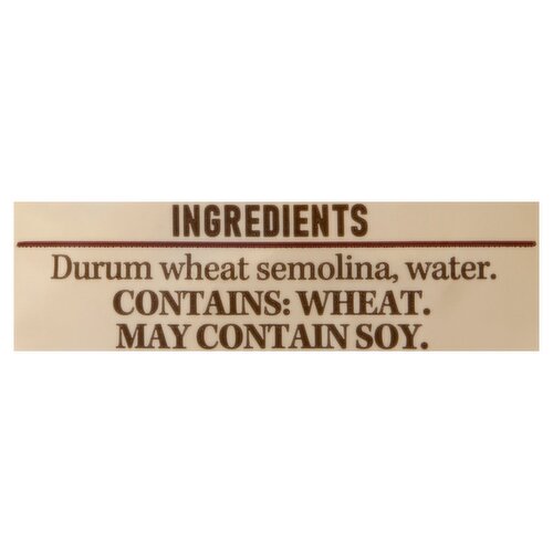 Ziti ingredients: durum wheat semolina, water. Contains wheat; may contain soy.