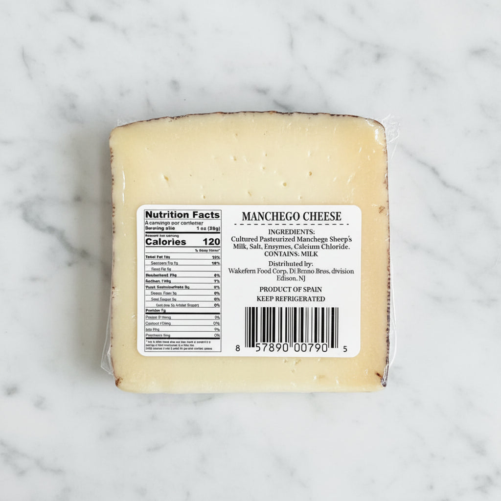 Manchego cheese block with a label on a dark background