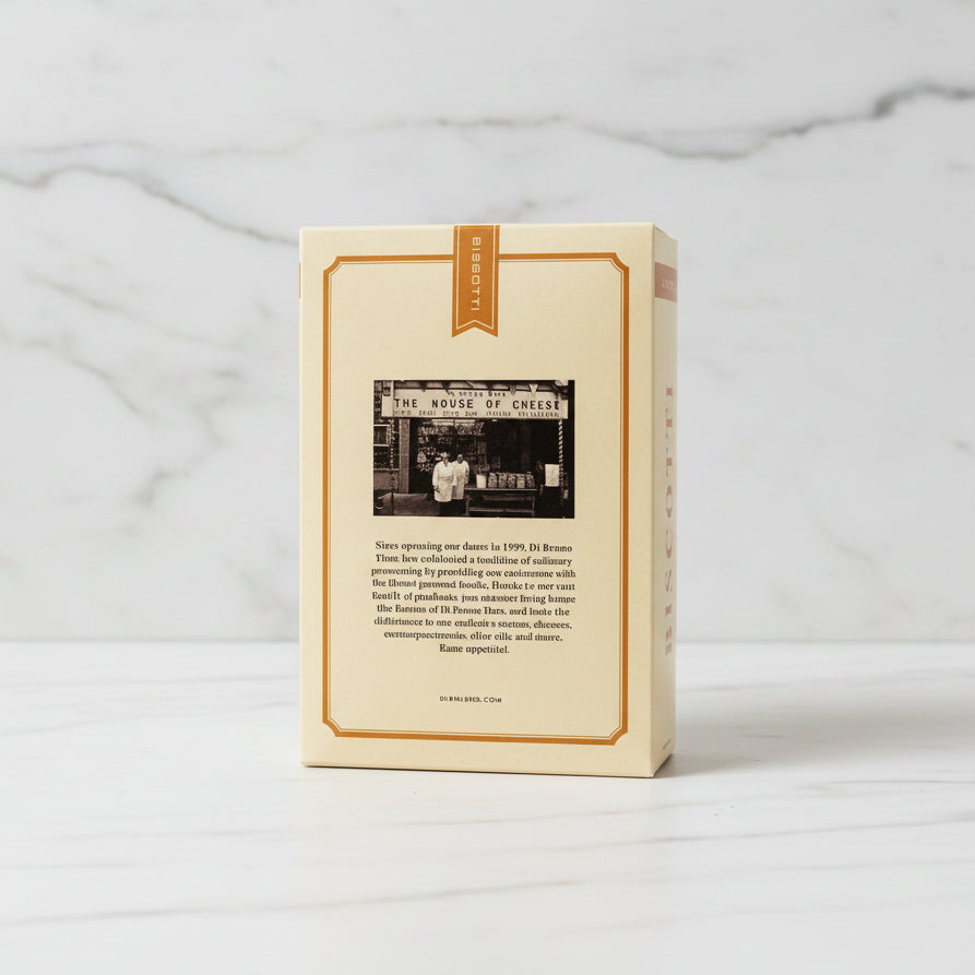 Biscotti box with branding and text on a black surface