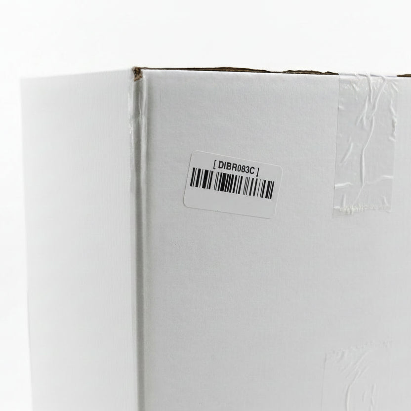 Product packaging with a barcode label on a blurred background