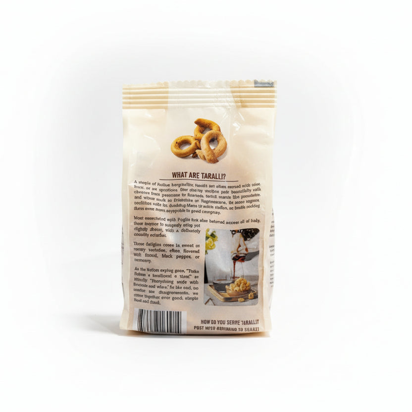 Back view of a Taralluci package with text and images on a white background