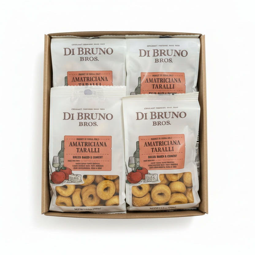 Box of Di Bruno Bros Amatriciana Taralli snacks on a cardboard surface