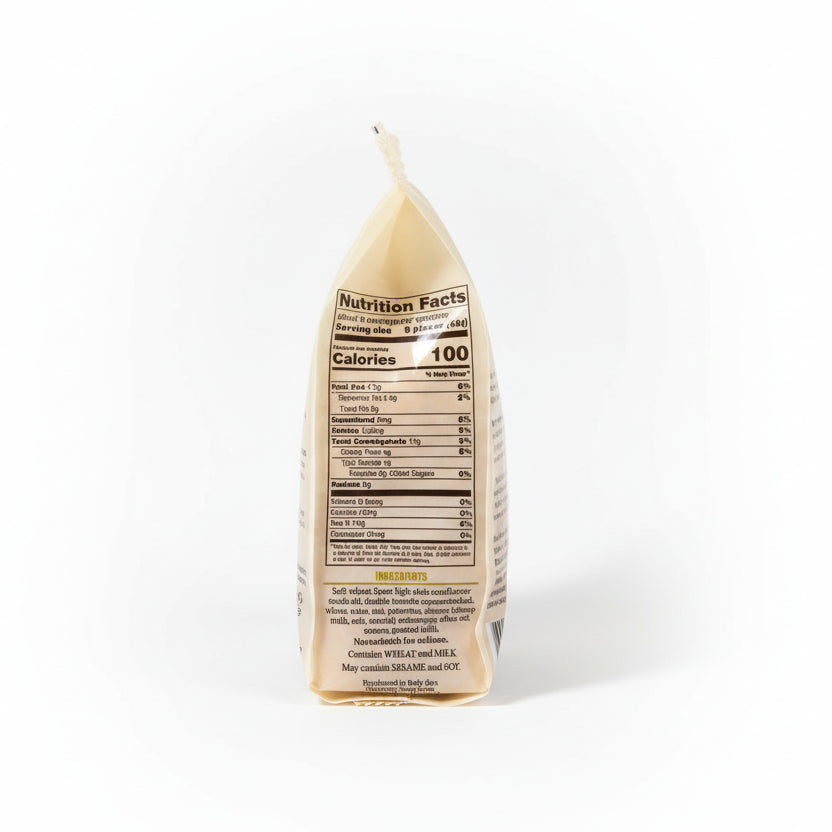 Side of nutrition facts label on a Amatriciana Taralli with a white background