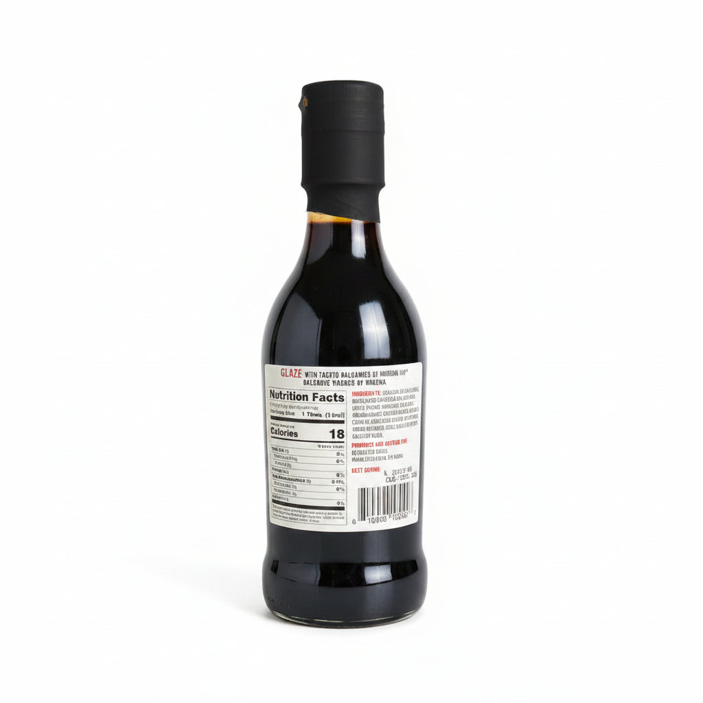 Bottle of sauce with a label on a dark surface