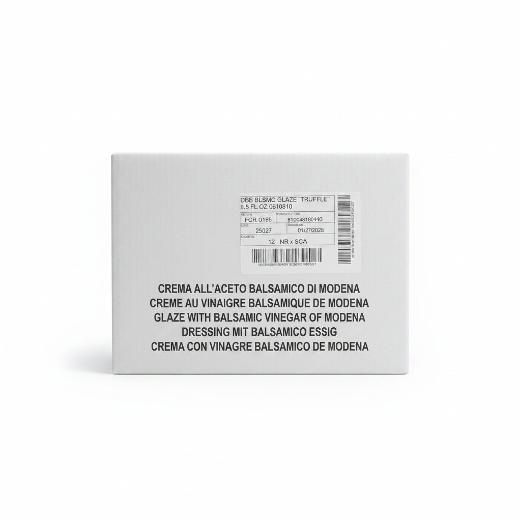 Box with text and a label on a black surface