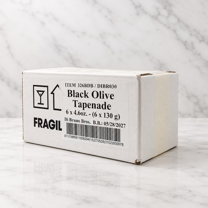 A white cardboard box of Di Bruna Bros. Black Olive Tapenade, showing the front and side labels, set against a plain light gray background.