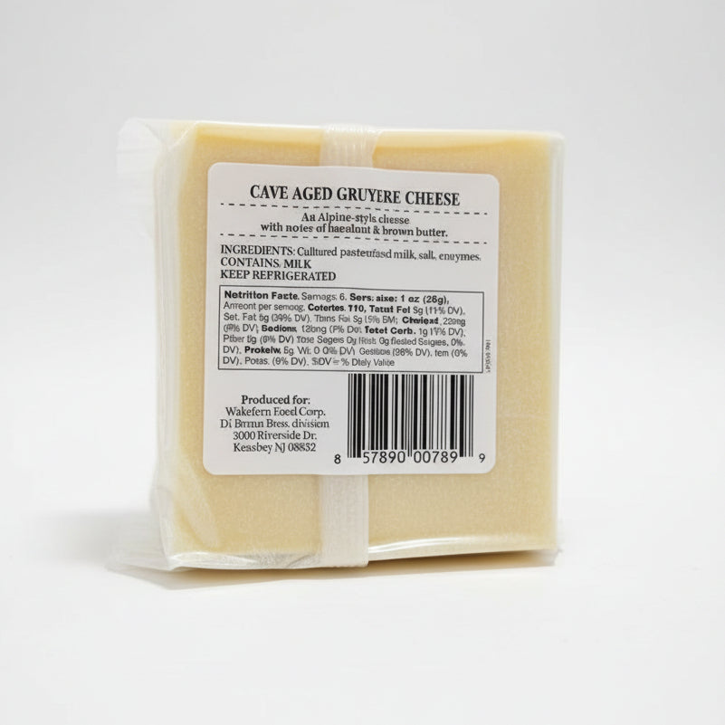 Packaged cave-aged Gruyère cheese with a label on a gray background