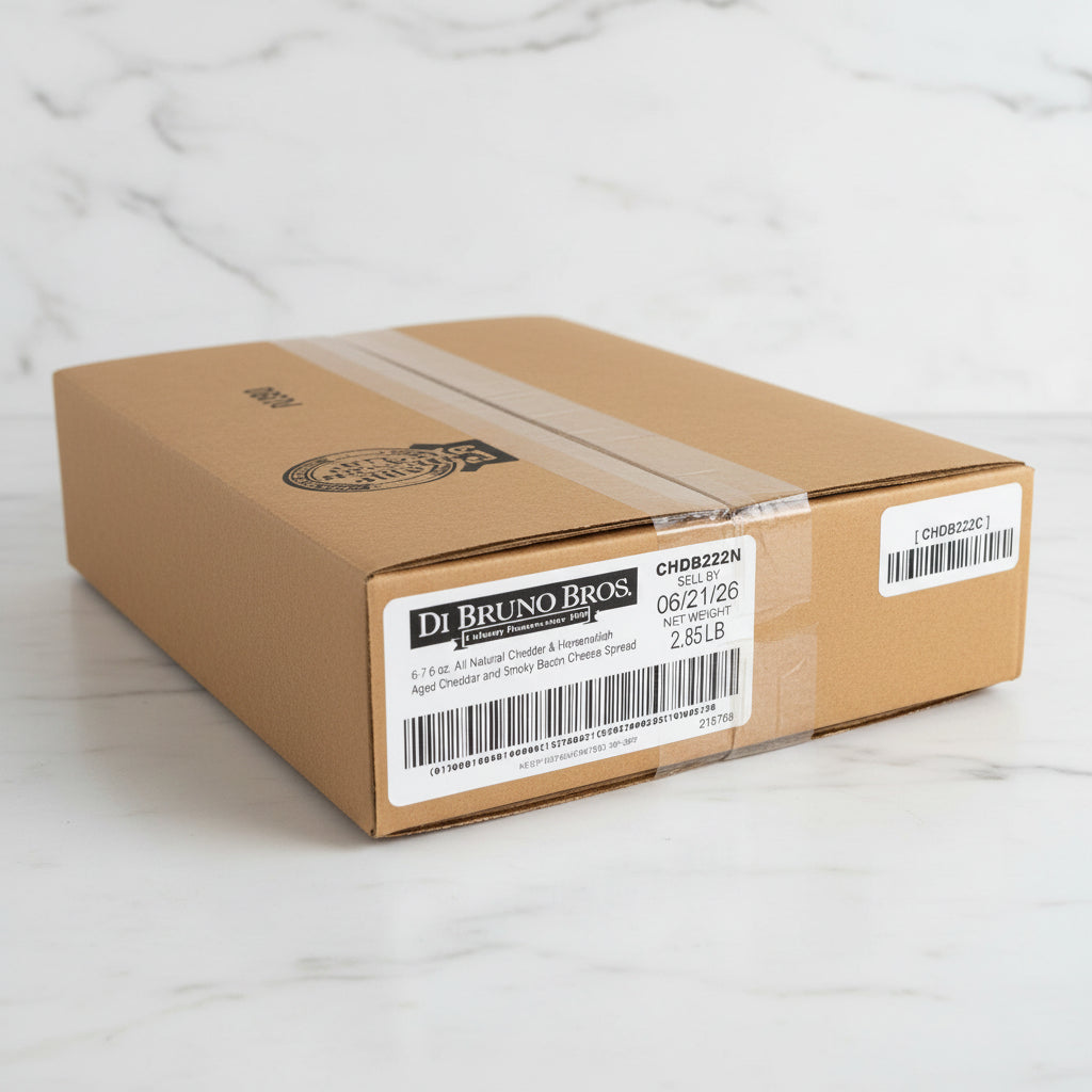 Cardboard box with Di Bruno Bros labels on a reflective surface