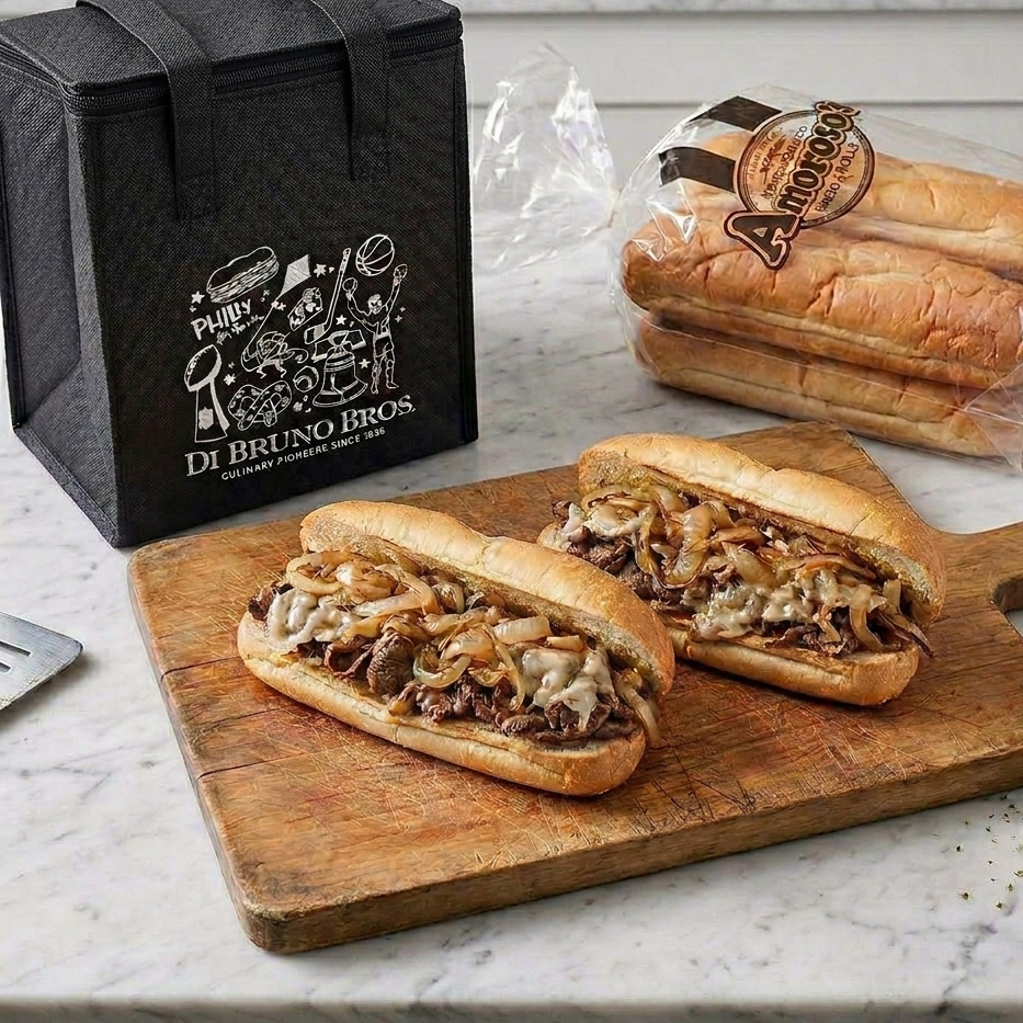 Two sandwiches on a wooden cutting board with a black box labeled 'Di Bruno Bros' in the background.