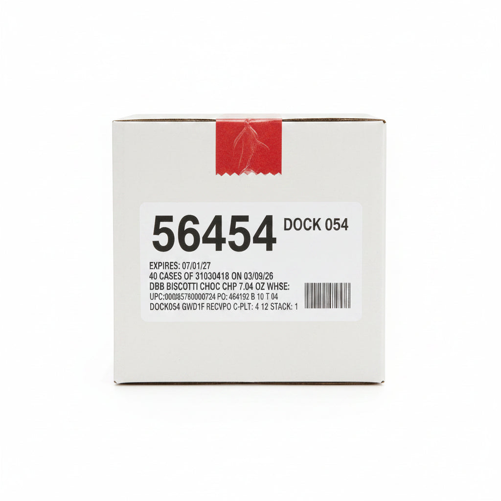 Stack of boxes with a red label in a warehouse setting