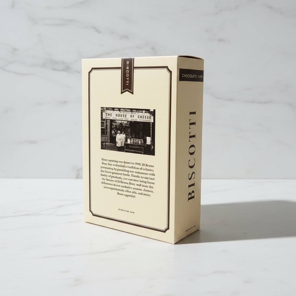 Biscotti packaging with brand name on a dark surface
