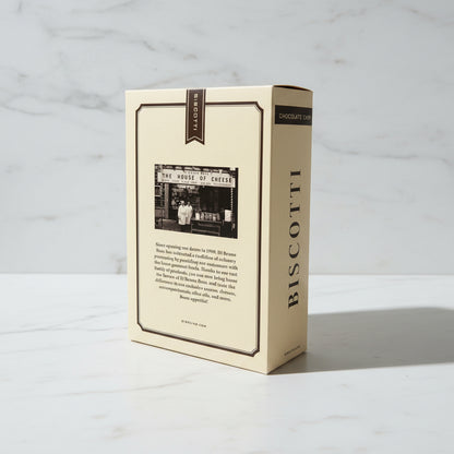 Biscotti packaging with brand name on a dark surface