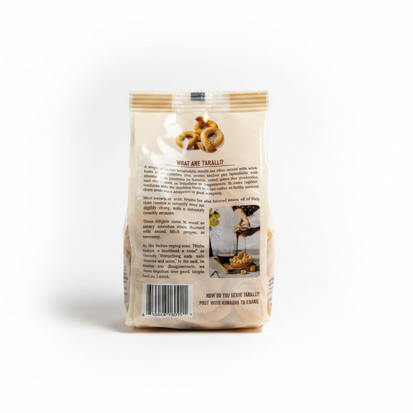 Back view of a Taralys pretzel package on a white background