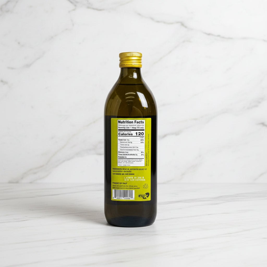 Bottle with a nutrition facts label on a dark surface