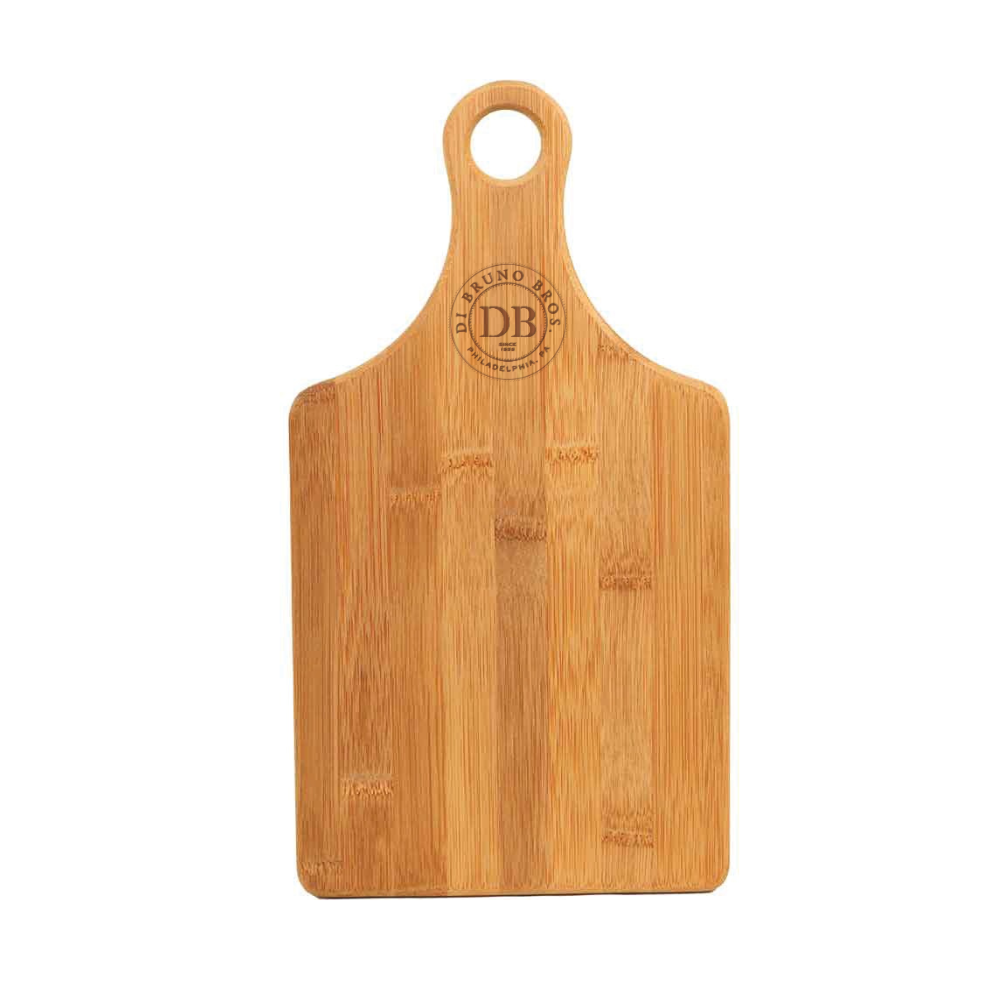 Wooden cutting board with a handle on a white background