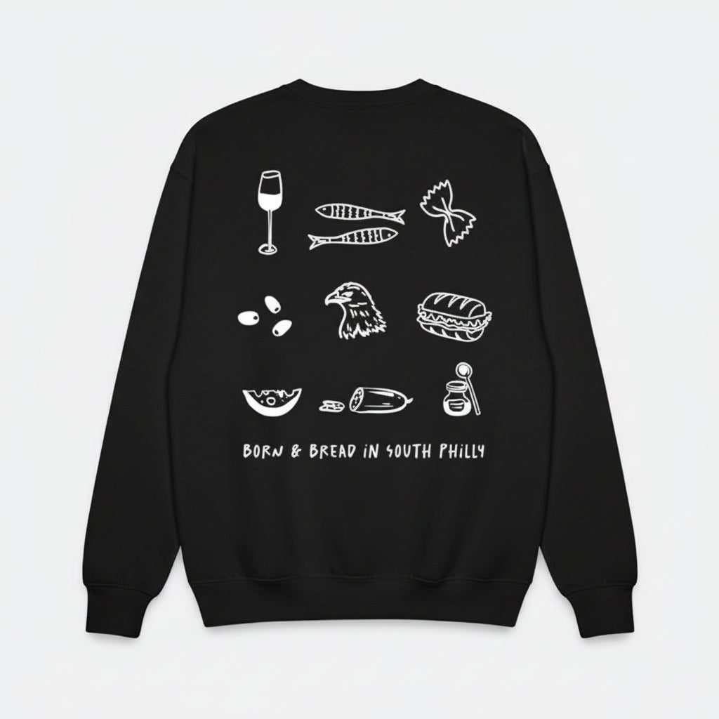 Black sweatshirt with white graphics and text on the back