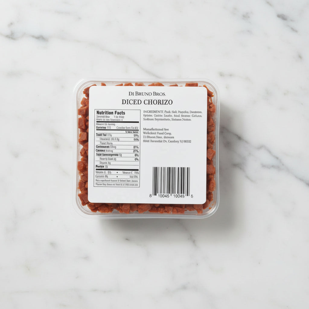 Packaged diced chorizo with a label on a gray background