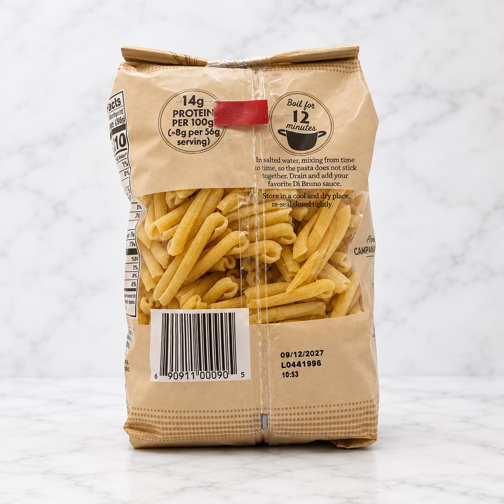 A bag of French fries in a clear window package with a beige paper sleeve, photographed against a plain white studio background.