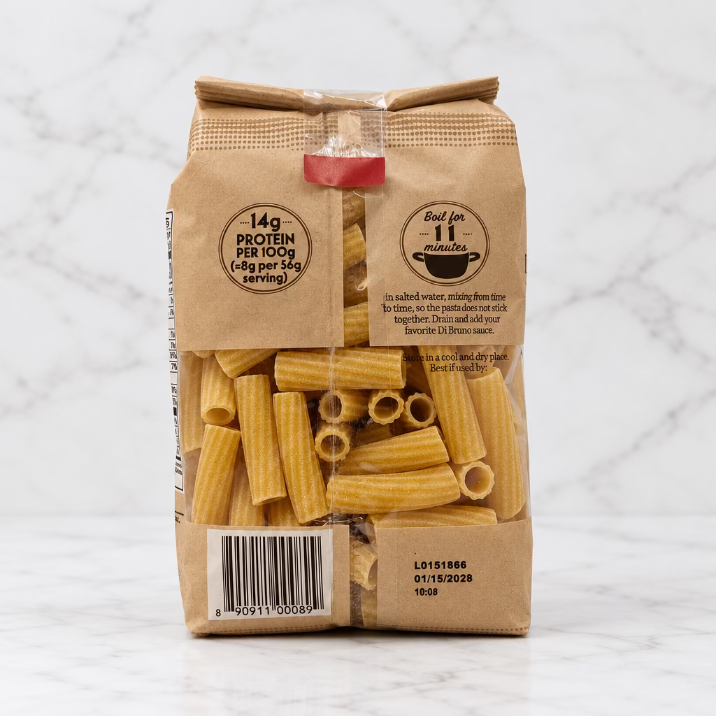 A bag of uncooked penne pasta on a white studio background. The packaging is a light tan kraft paper style with a clear window showing the yellow-beige pasta inside.