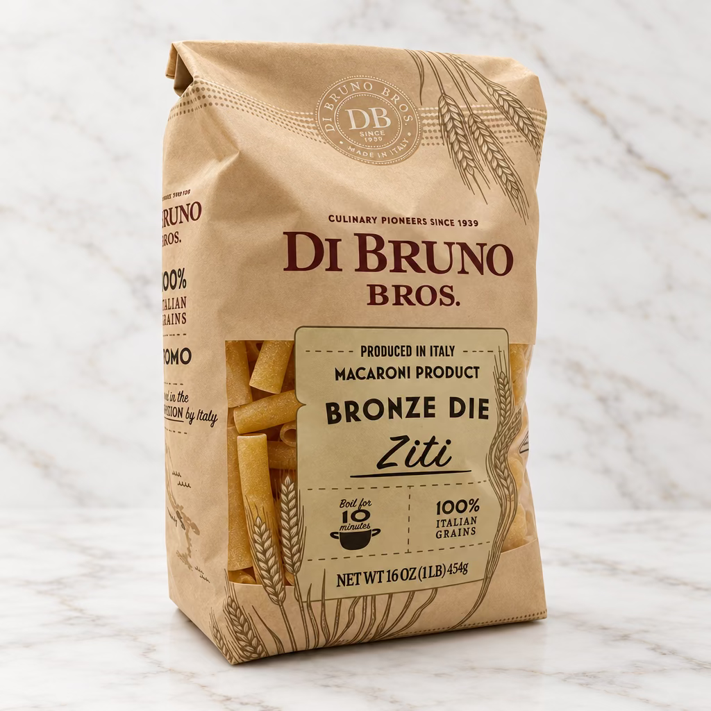 A 16 oz bag of Di Bruno Bros. Bronze Die Ziti pasta, featuring a tan paper bag with a clear window showing the yellow-beige penne pasta inside, set against a plain white background.