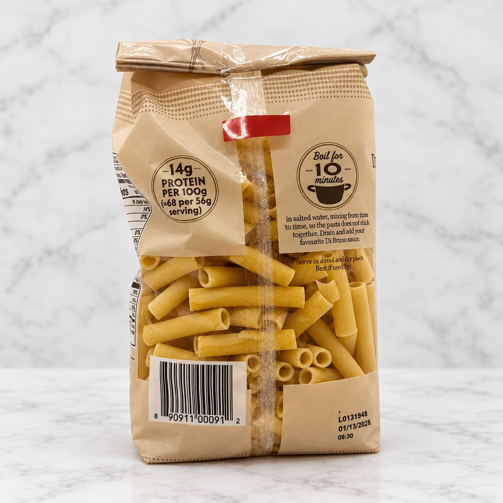 A bag of pasta with a clear window showing the yellow tuberosa pasta inside, set against a plain white studio background.