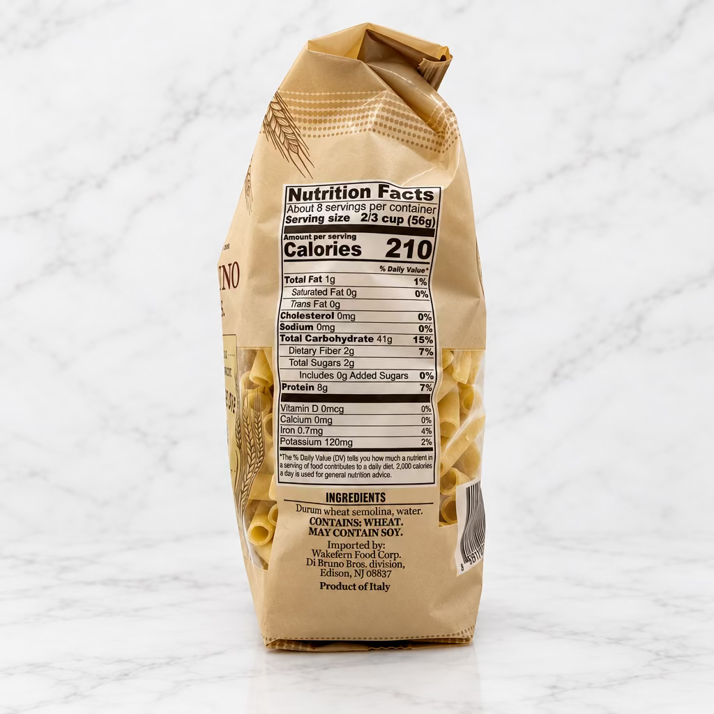 A bag of uncooked penne pasta shown from the back, displaying the nutrition facts label and ingredients against a plain white background.