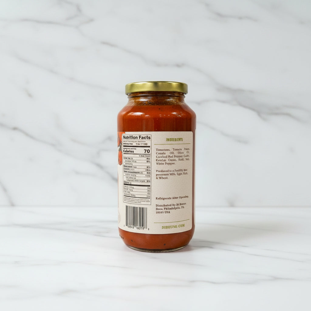 Jacketed jar of spaghetti sauce with label on a dark surface
