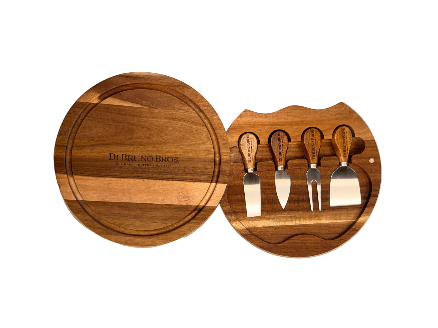 Di Bruno Bros. Round Cheese Board & Knife Set from the top- open