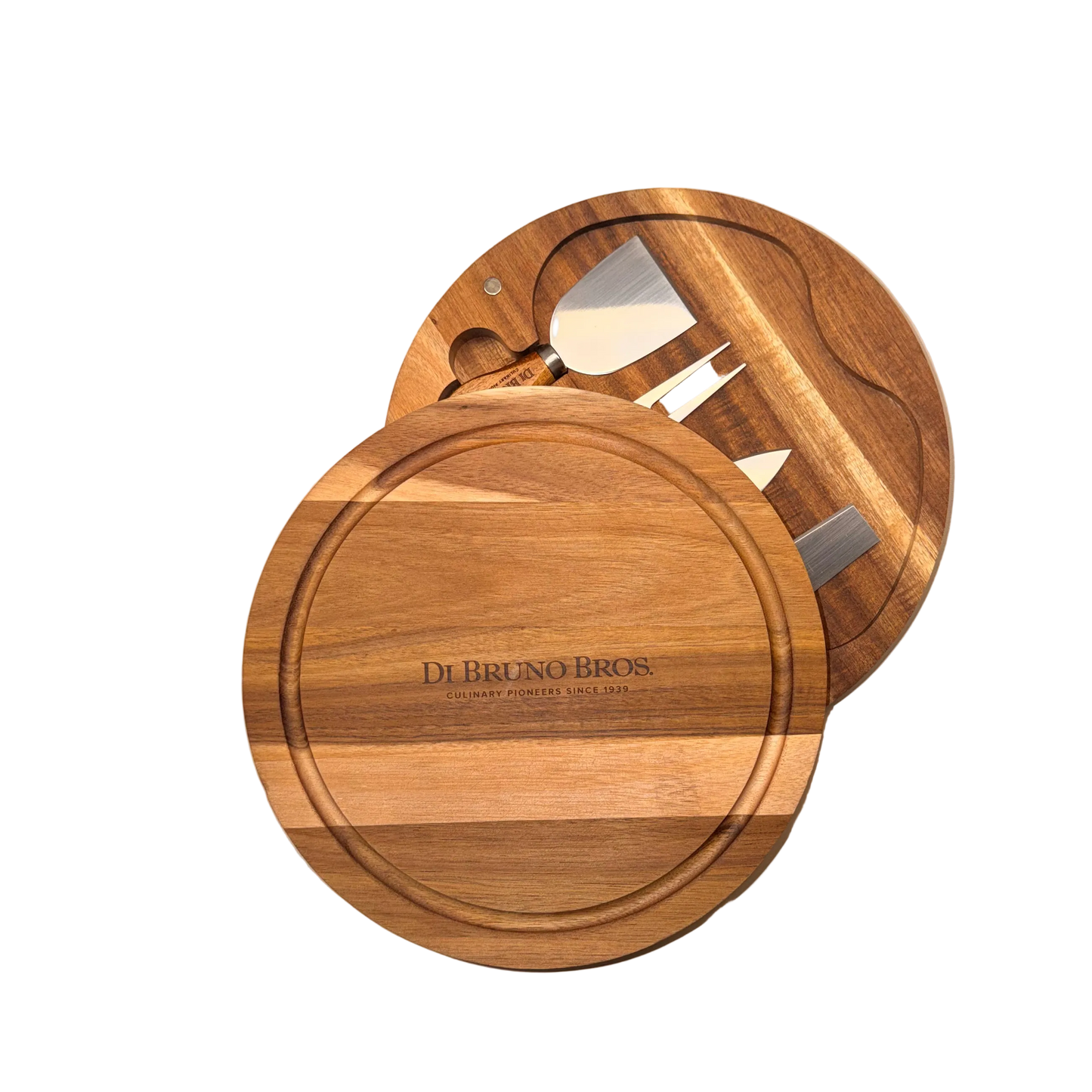 Di Bruno Bros. Round Cheese Board & Knife Set from the top, half open
