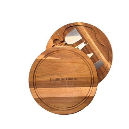 Di Bruno Bros. Round Cheese Board & Knife Set from the top, half open
