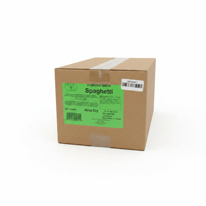Cardboard box with a green label indicating 'Spaghetti' on a black surface.