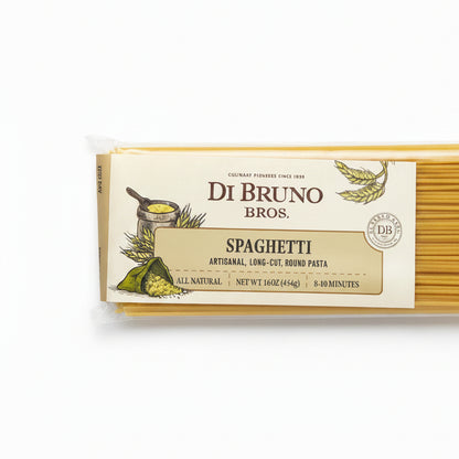 Packaged spaghetti with Di Bruno Bros. label on a dark surface