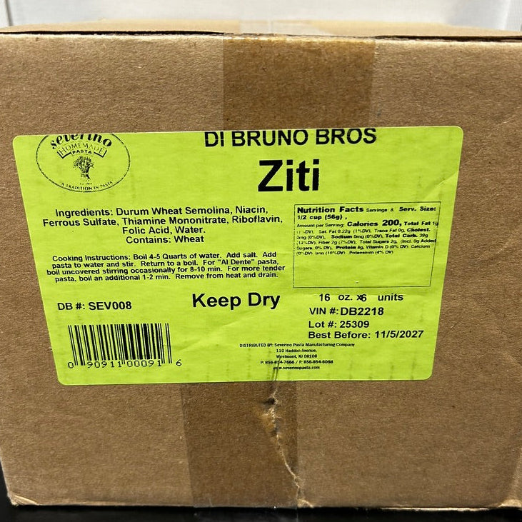 Cardboard box with a Di Bruno Bros Ziti label on a white background
