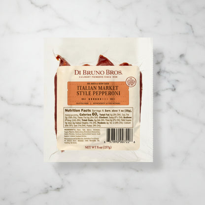 Di Bruno Bros Italian Market Style Pepperoni packaging with label and nutrition facts.