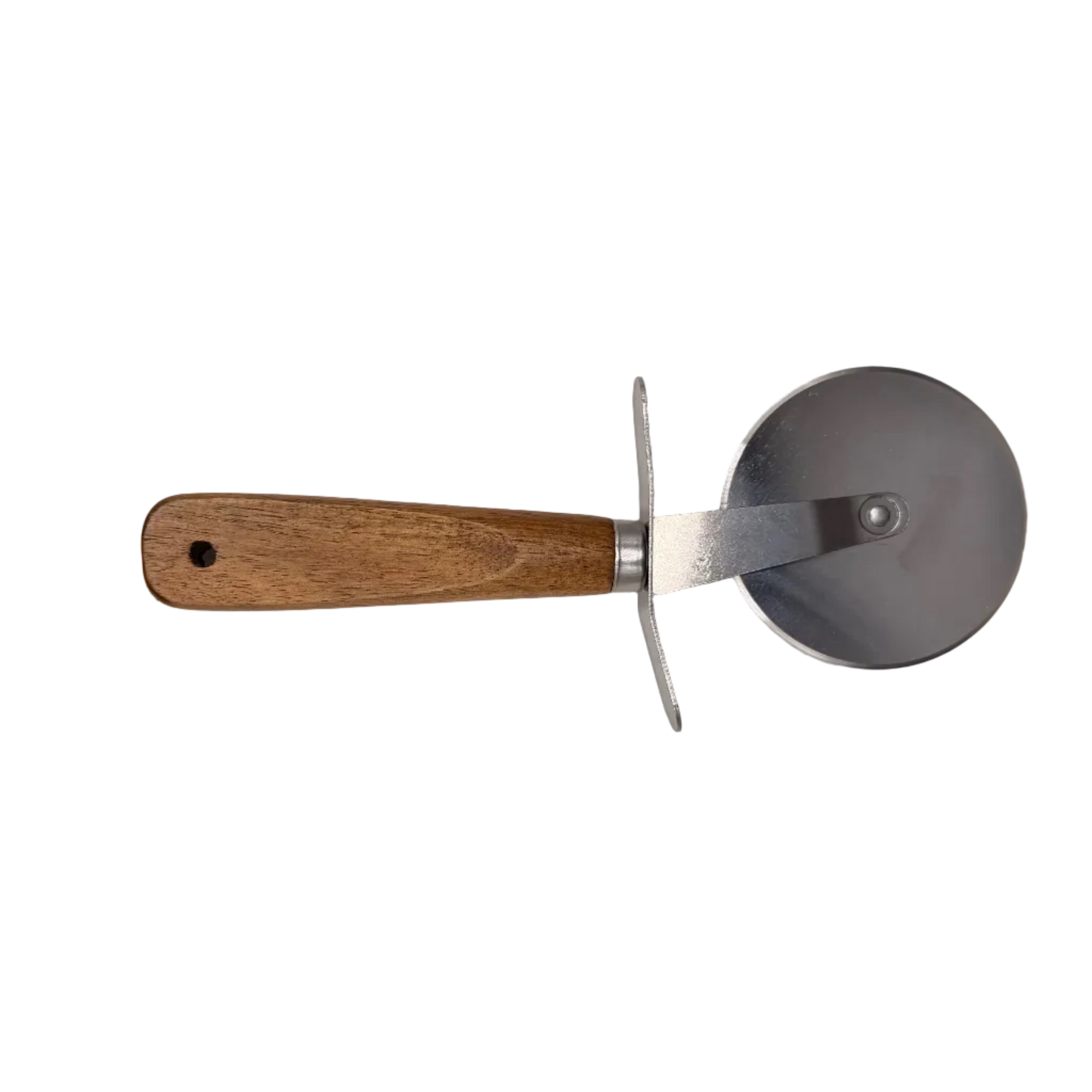 A pizza cutter with a light brown wooden handle and a silver metal blade, displayed on a white background inside a light wood frame.