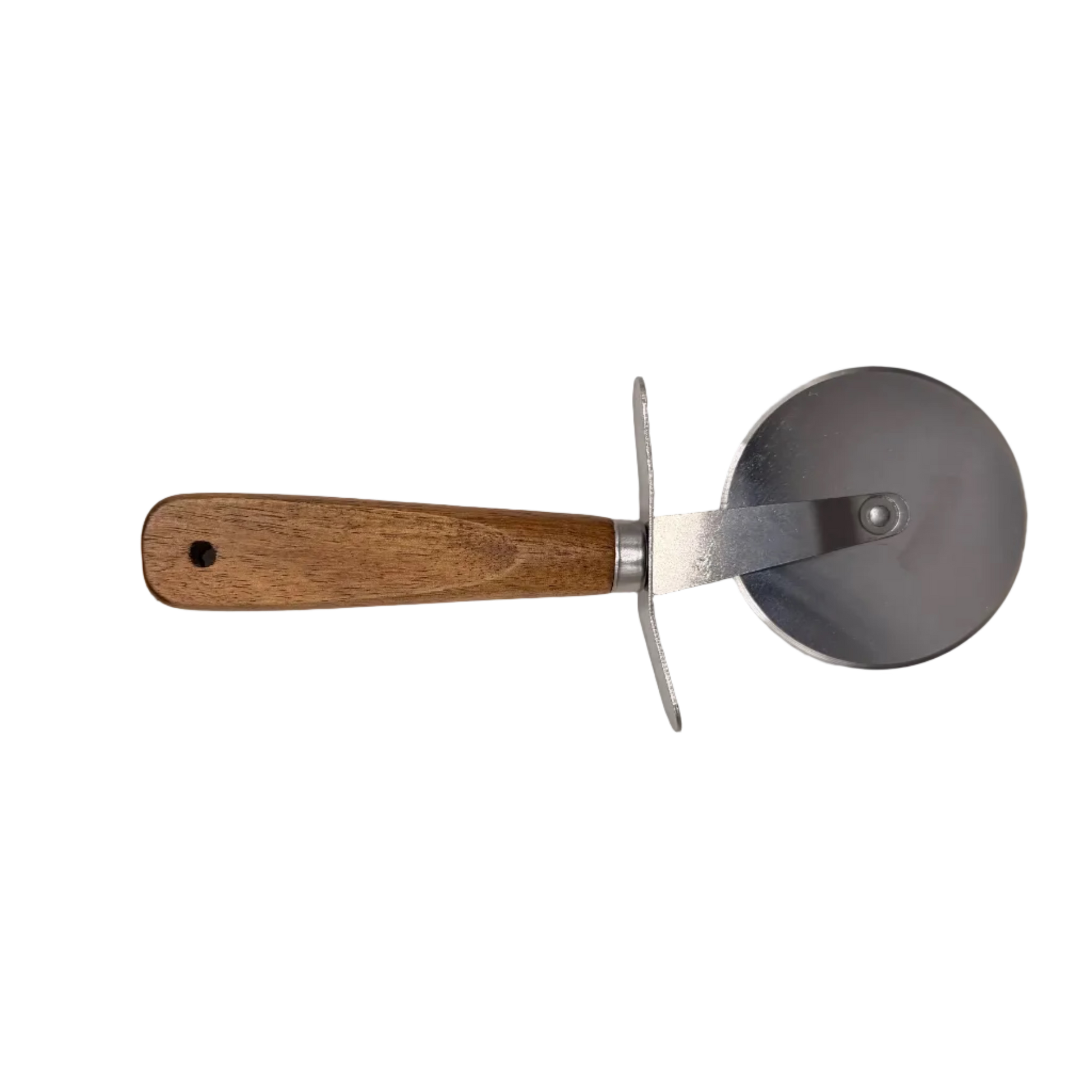 A pizza cutter with a light brown wooden handle and a silver metal blade, displayed on a white background inside a light wood frame.