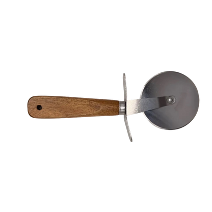 A pizza cutter with a light brown wooden handle and a silver metal blade, displayed on a white background inside a light wood frame.